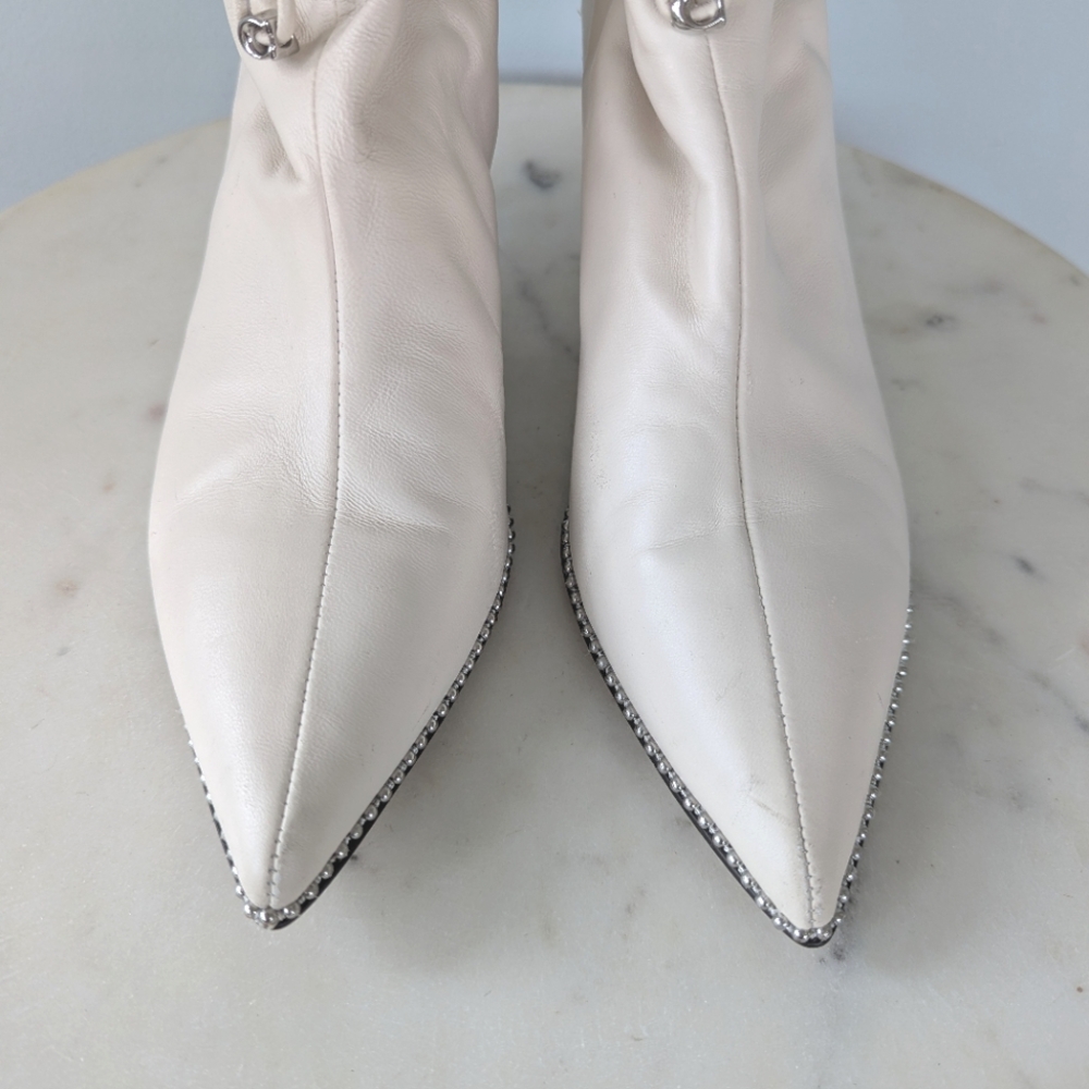 Coach Women's Wynie Off White Leather Drawstring Studded Ankle Boots - Picture 12 of 15